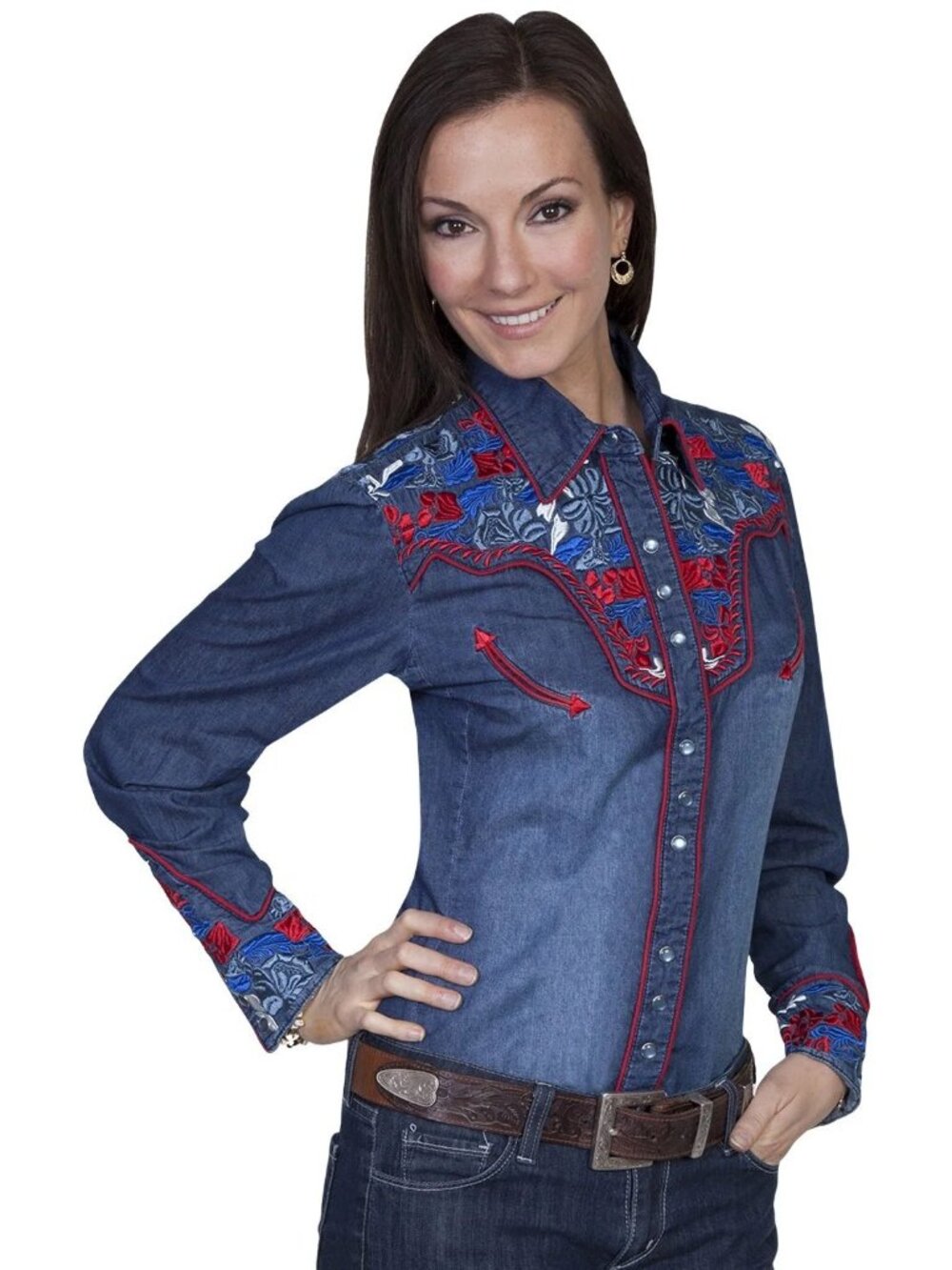 Scully Western Shirt Blue Denim Floral Embroidered XL Cowgirl Boho Bohemian